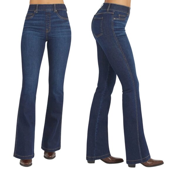 SPANX Denim - Spanx Flare Jeans Midnight Blue Shade Pull On Stretch High Waist L Petite $148